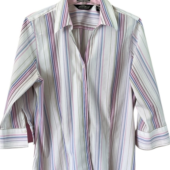 Eddie Bauer Pink and Blue Striped Button Down Blouse 3/4 Sleeves Size Large - Picture 1 of 14